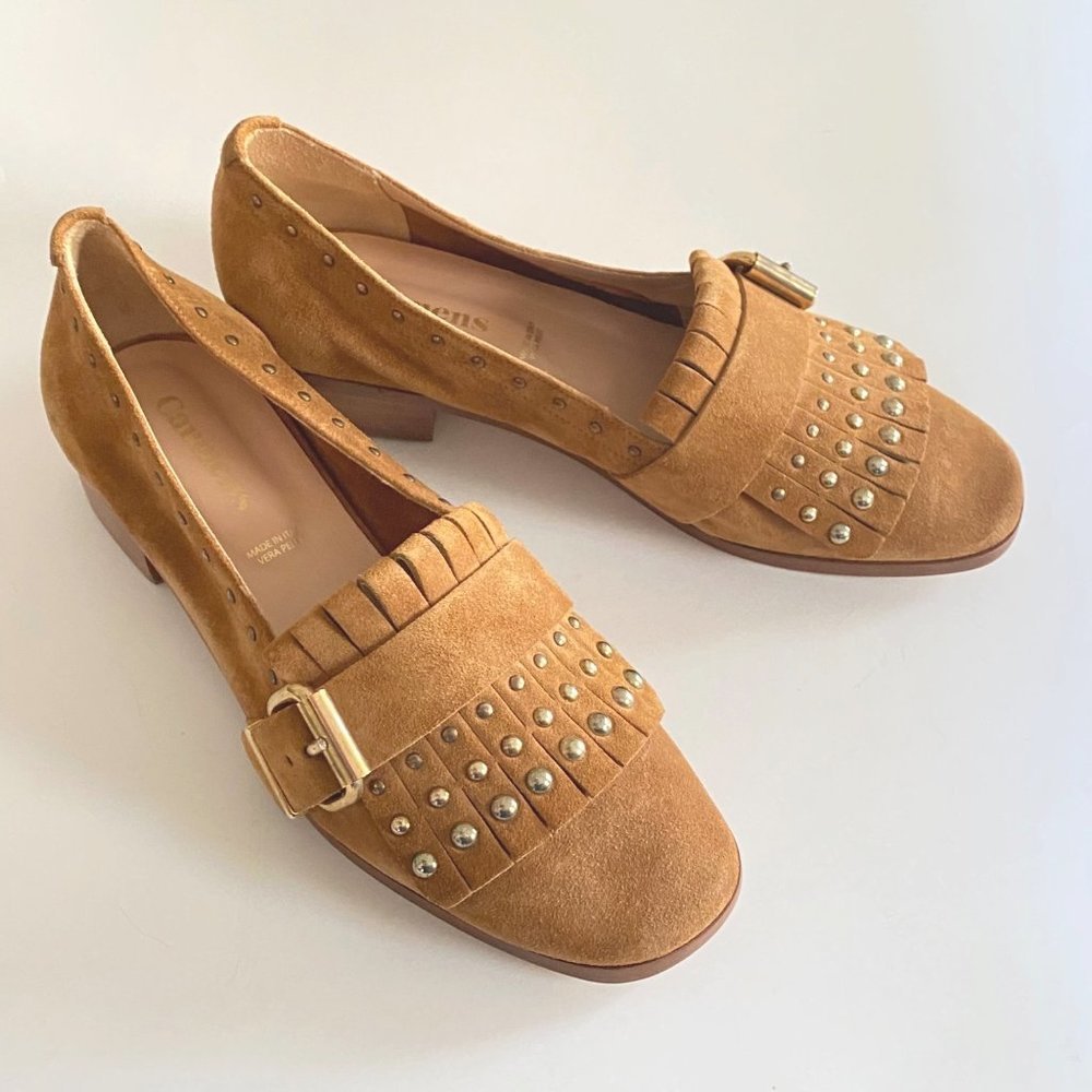 Carmens stud fringe suede loafer camel tan size 39 slip on shoes‎ womens Italy